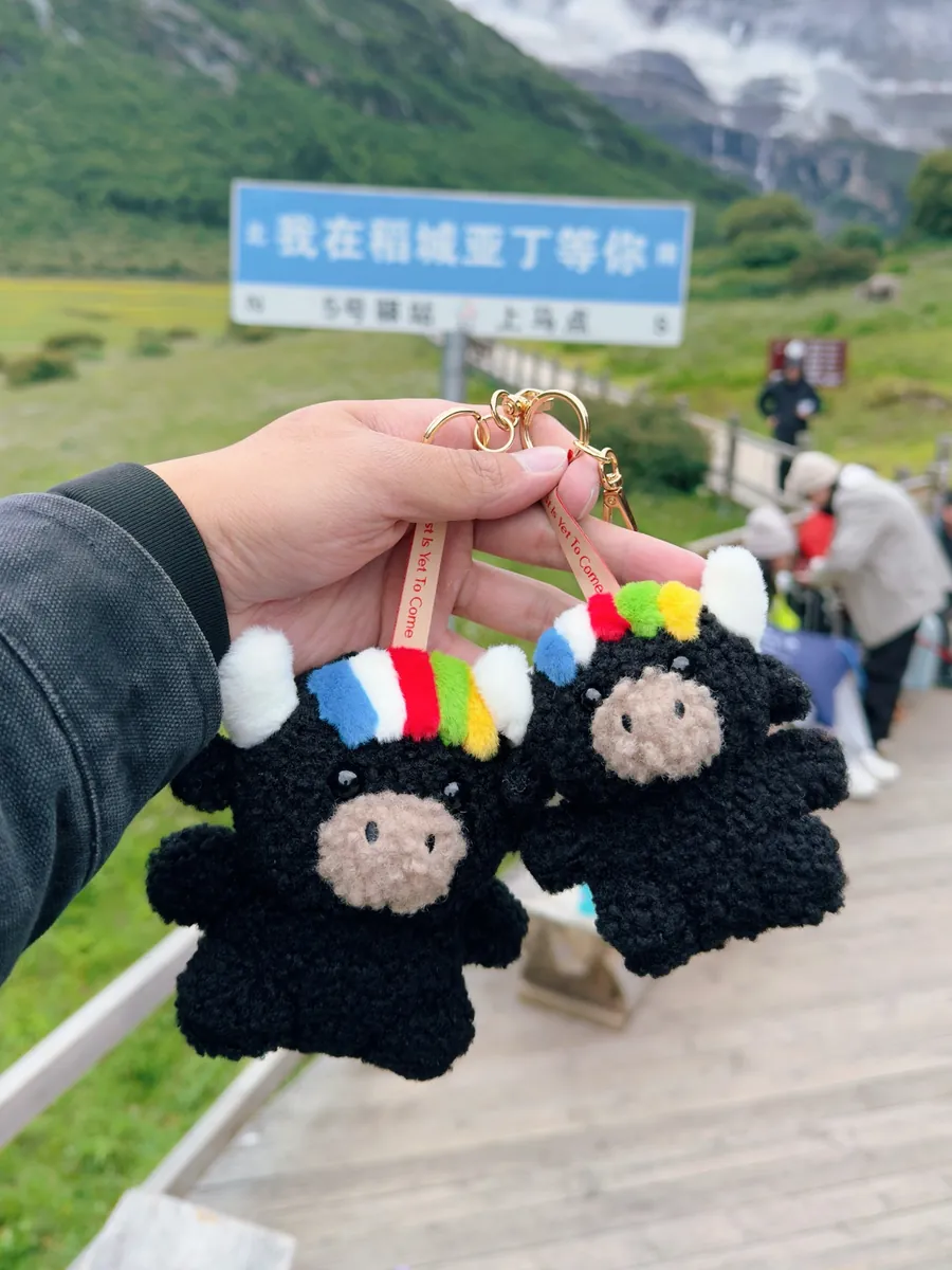 Two Tashi keychains held up at Daocheng Yading, snowy peaks and a welcome sign behind — 稻城亞丁的兩隻扎西