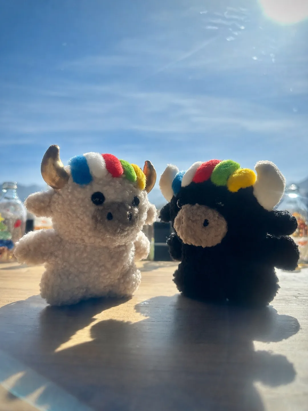 Tashi and Dele sitting side by side on a wooden table in bright sunlight — 陽光下並排而坐的扎西與德勒