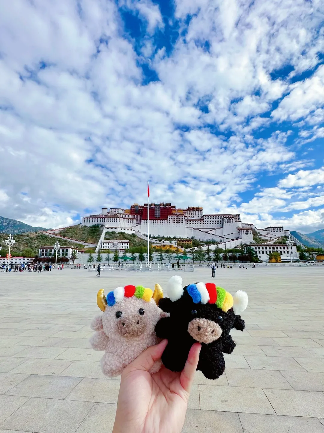 Tashi and Dele held up in front of the Potala Palace in Lhasa under a bright cloudy sky — 布達拉宮前的扎西與德勒